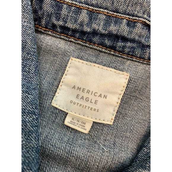 American Eagle Jacket Mens XL Denim Trucker Distressed Y2K  Jean Button Up - Picture 6 of 9